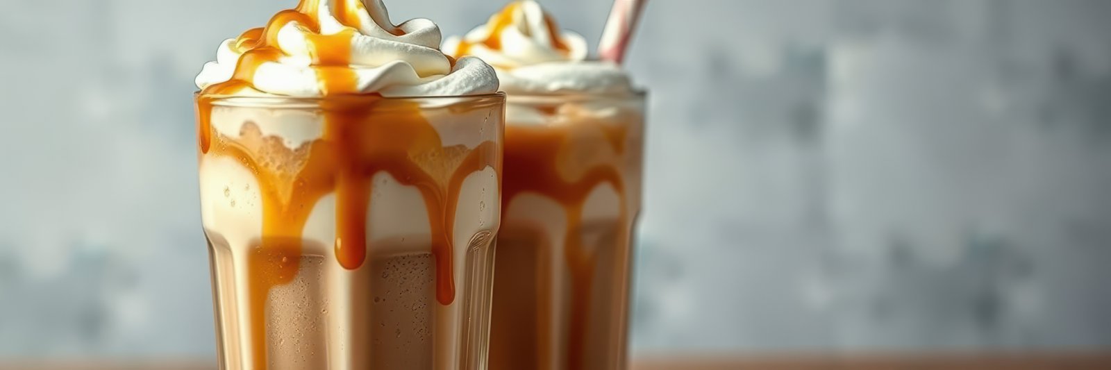 Delicious dessert drinks with whipped cream and caramel sauce served in tall glasses on a wooden table